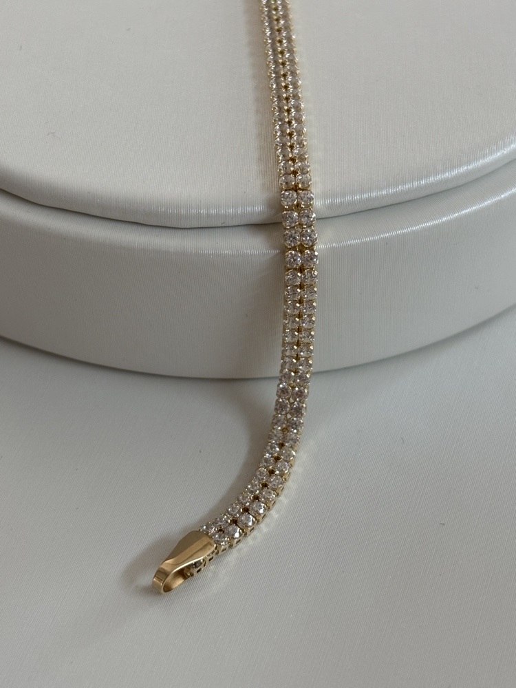 צמיד טניס זהב צהוב 14K יוקרתי עם שורה כפולה של אבנים נוצצות